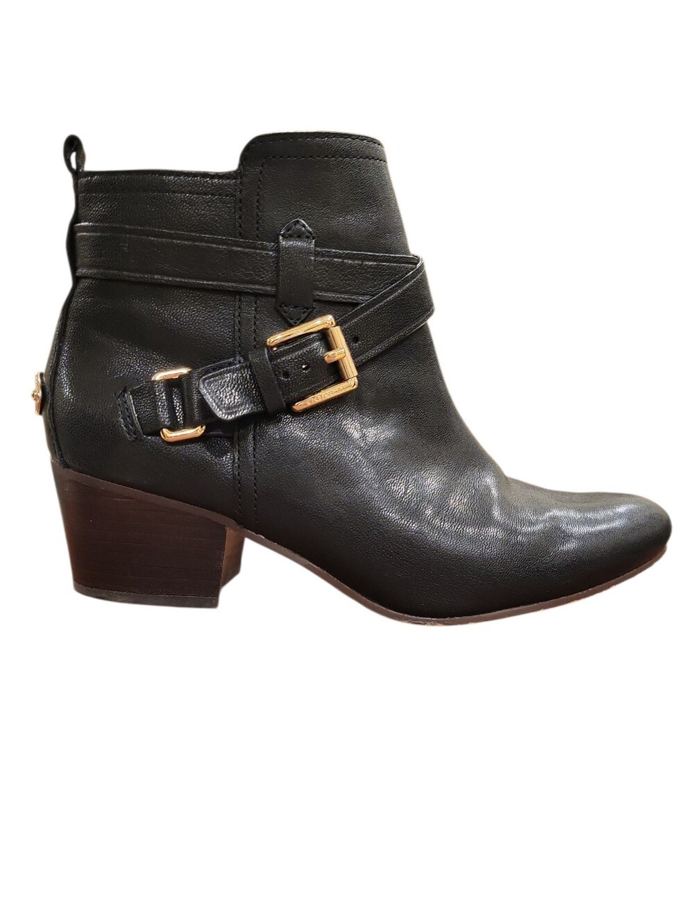 COACH Black Leather Ankle Boots with Gold Buckle Size 7 - Picture 1 of 9